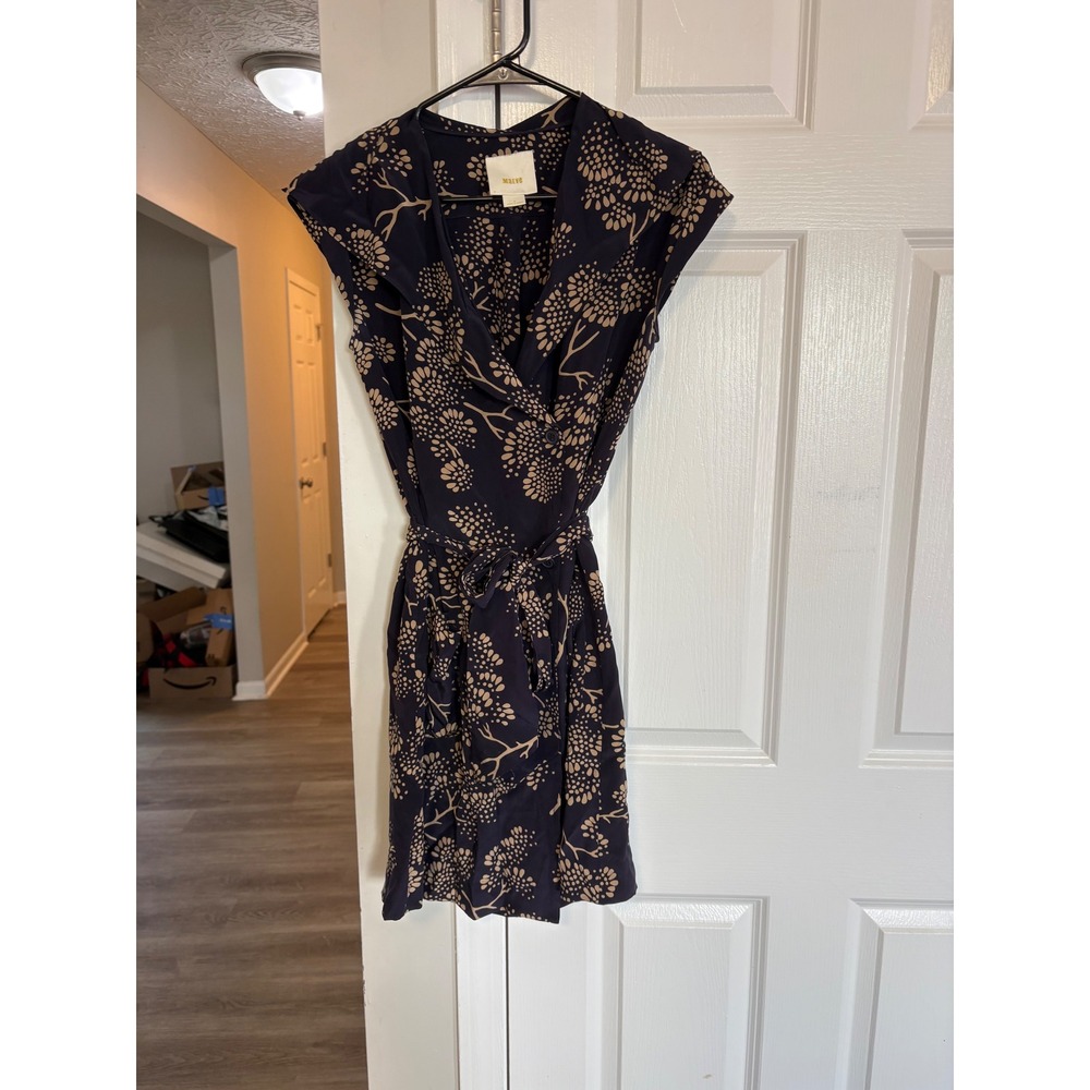 Maeve Anthropologie Navy Blue Silk Floral Wrap Dress Cap Sleeve Mini Size 0